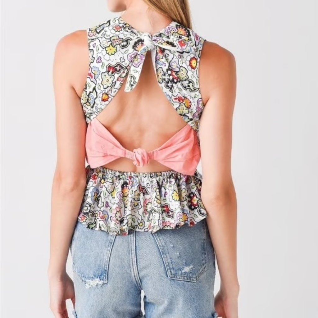 Rhode Multicolor Floral Print Peplum Top With Cutout Bow Back